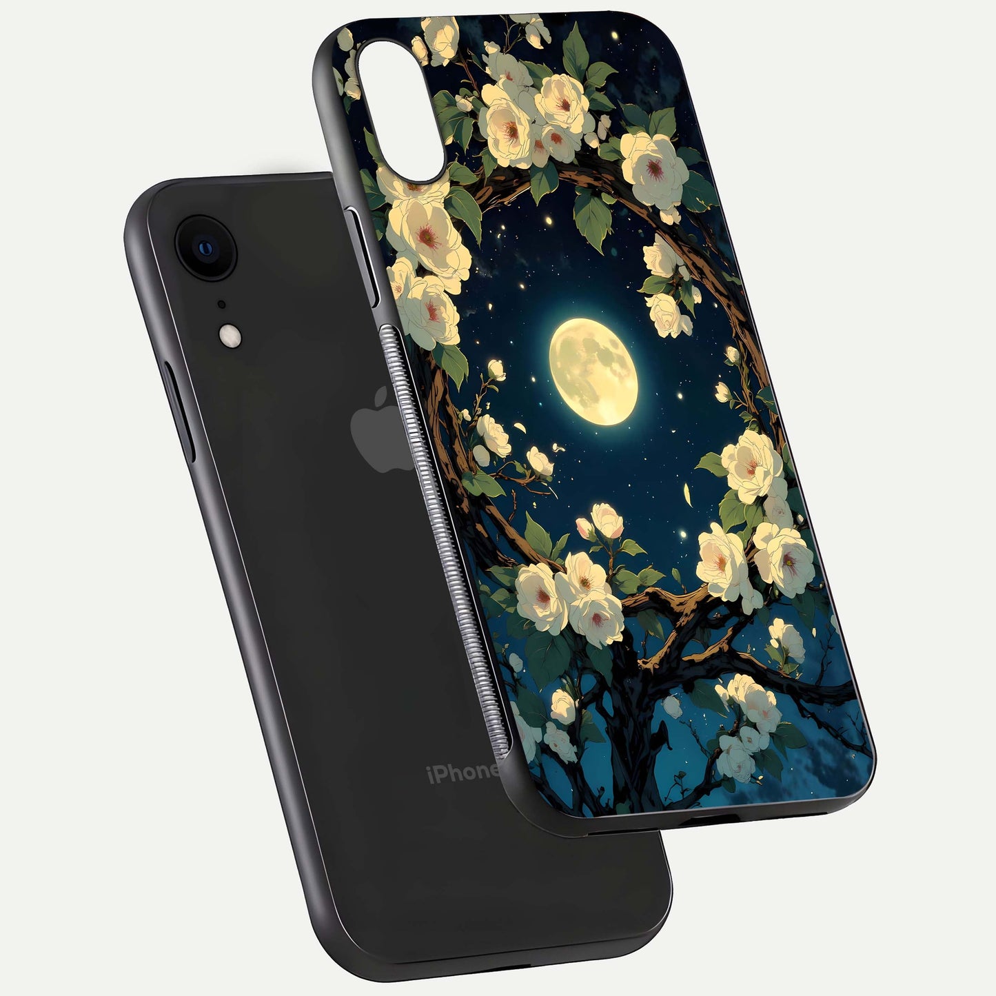Celestial Moon & Flower Glass Case for iPhone Xr floating mockup emphasizing HD shine and delicate texture