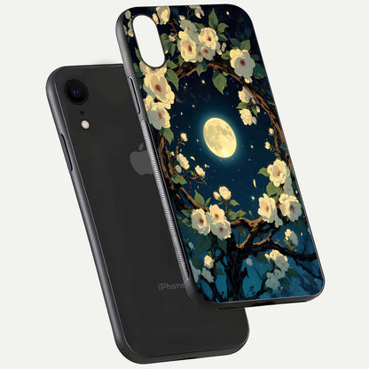 Celestial Moon & Flower Glass Case for iPhone Xr floating mockup emphasizing HD shine and delicate texture