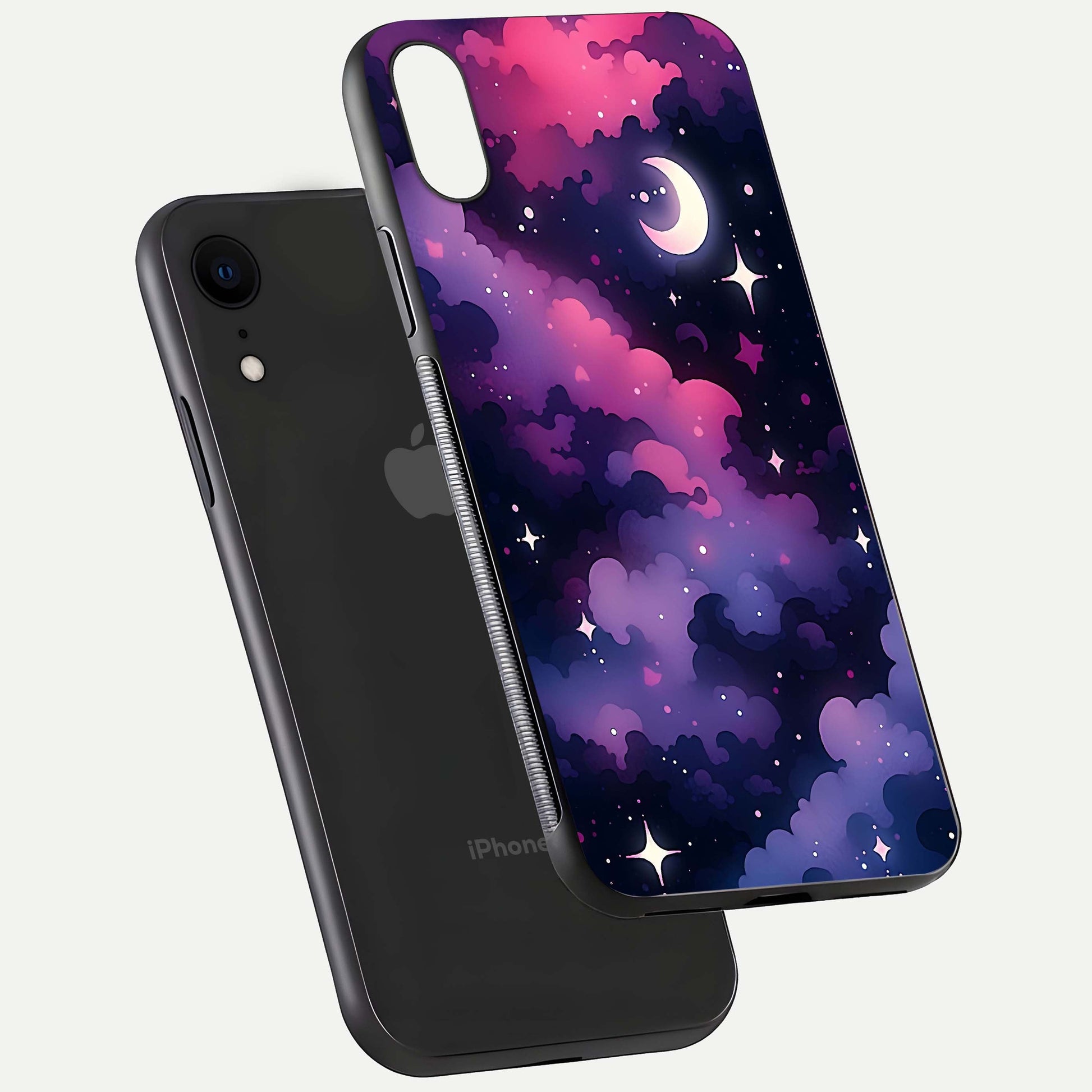 Celestial Moon Magic Glass Case for iPhone Xr floating mockup showing reflection gradient and smooth polish