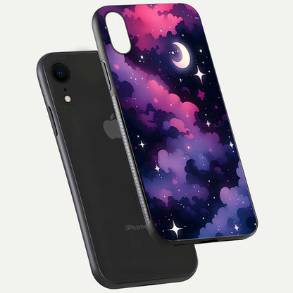 Celestial Moon Magic Glass Case for iPhone Xr floating mockup showing reflection gradient and smooth polish