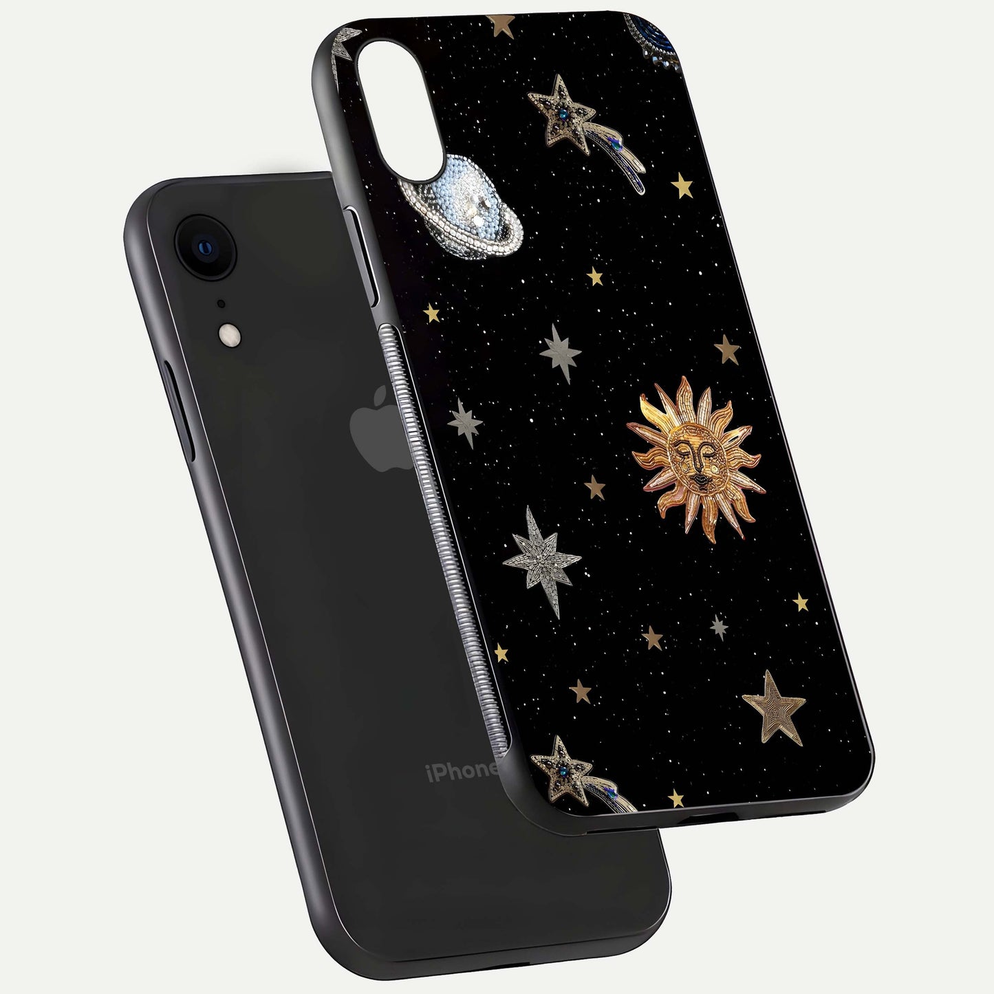 Celestial Moon With Stars Glass Case for iPhone Xr floating mockup emphasizing star depth and gloss clarity