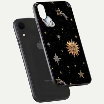 Celestial Moon With Stars Glass Case for iPhone Xr floating mockup emphasizing star depth and gloss clarity