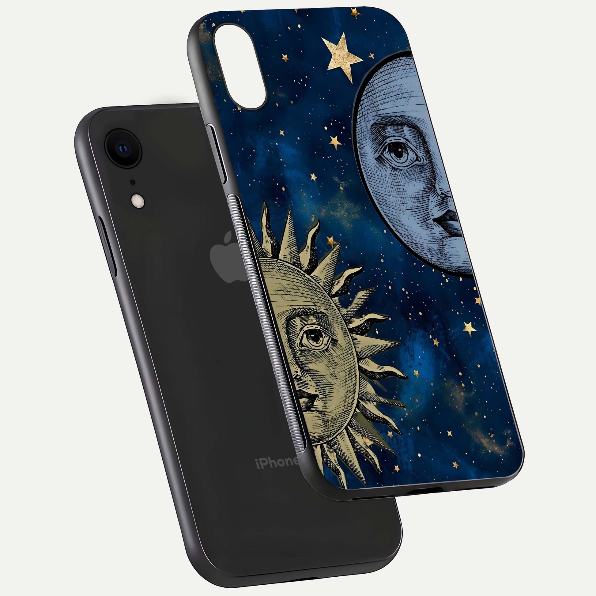 Celestial Moon With Sun Glass Case for iPhone Xr floating mockup displaying vibrant contrast and HD gloss