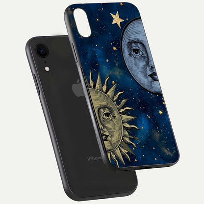 Celestial Moon With Sun Glass Case for iPhone Xr floating mockup displaying vibrant contrast and HD gloss