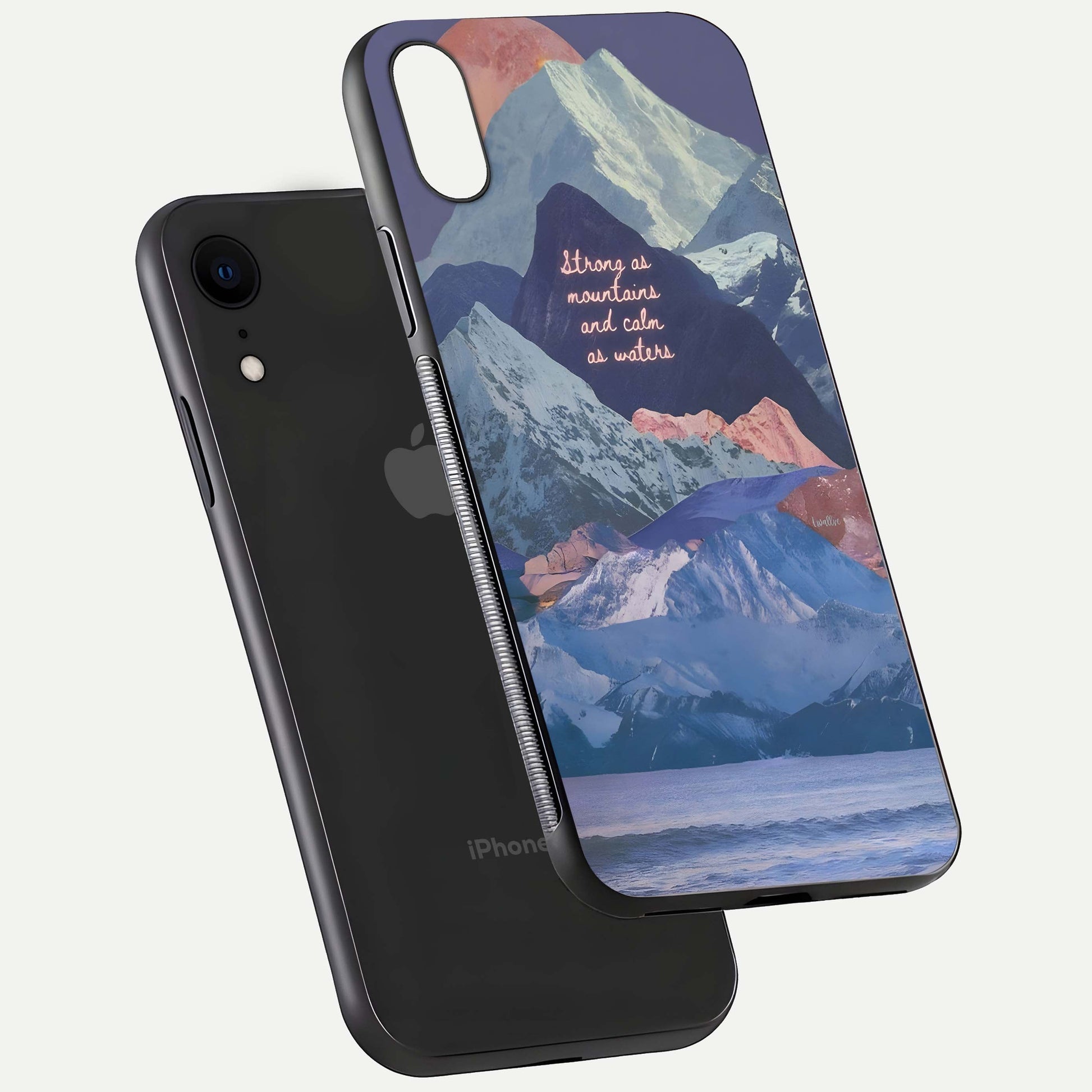Celestial Mountain Calm Glass Case for iPhone Xr floating mockup showing glow depth and polished edges