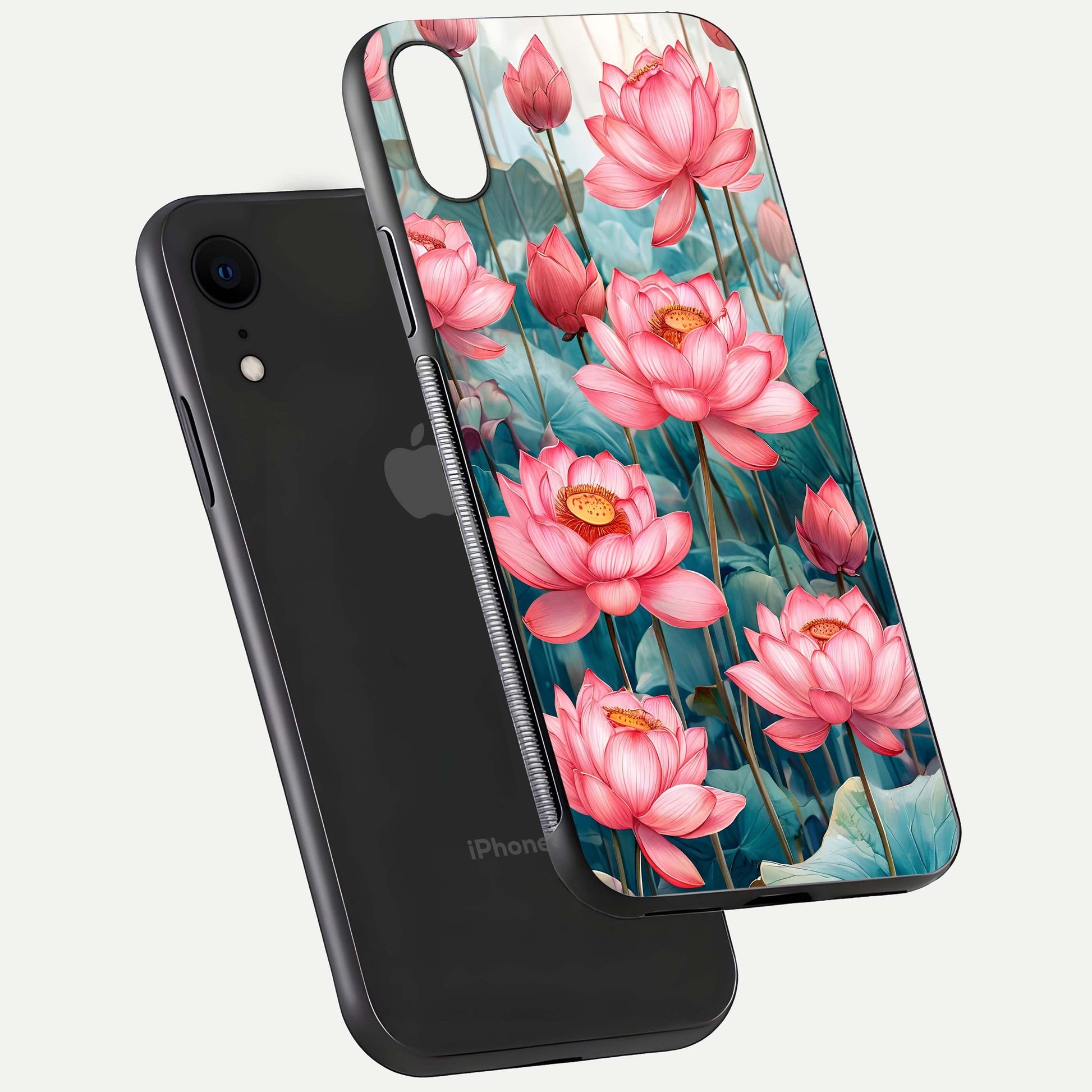 Celestial Pink Lotus Glass Case for iPhone Xr floating mockup displaying cosmic tone and gloss surface