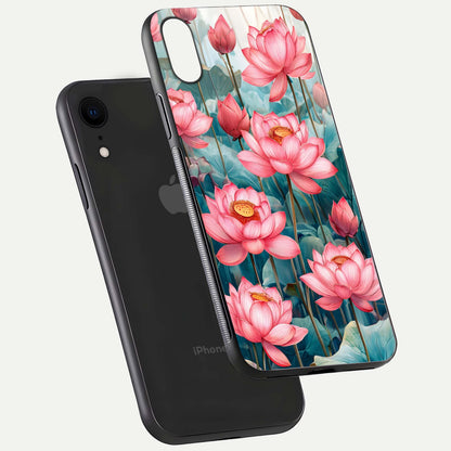 Celestial Pink Lotus Glass Case for iPhone Xr floating mockup displaying cosmic tone and gloss surface
