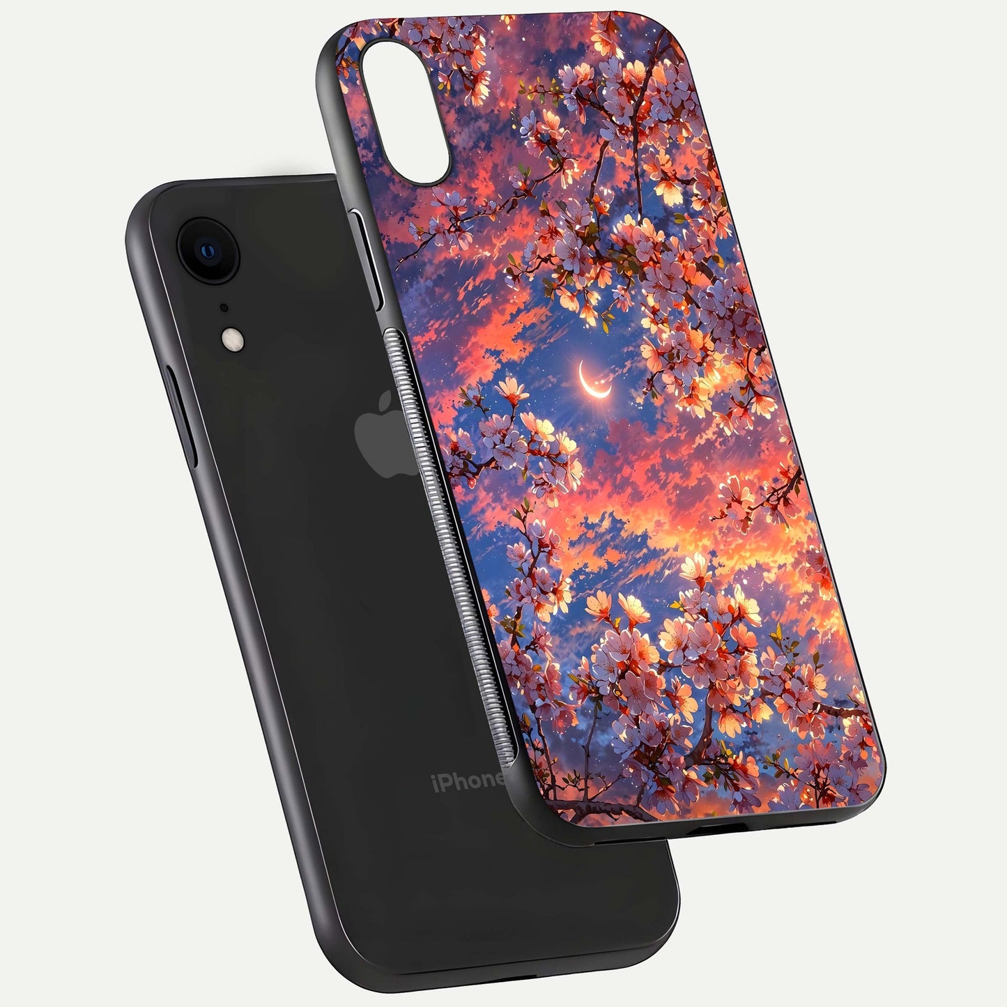 Celestial Sakura Sunset Glass Case for iPhone Xr floating mockup capturing sunset hue and smooth gloss
