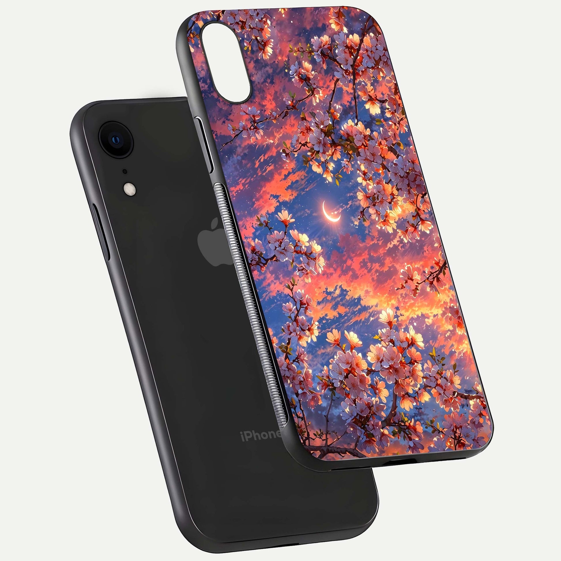 Celestial Sakura Sunset Glass Case for iPhone Xr floating mockup capturing sunset hue and smooth gloss