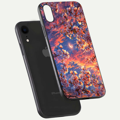 Celestial Sakura Sunset Glass Case for iPhone Xr floating mockup capturing sunset hue and smooth gloss