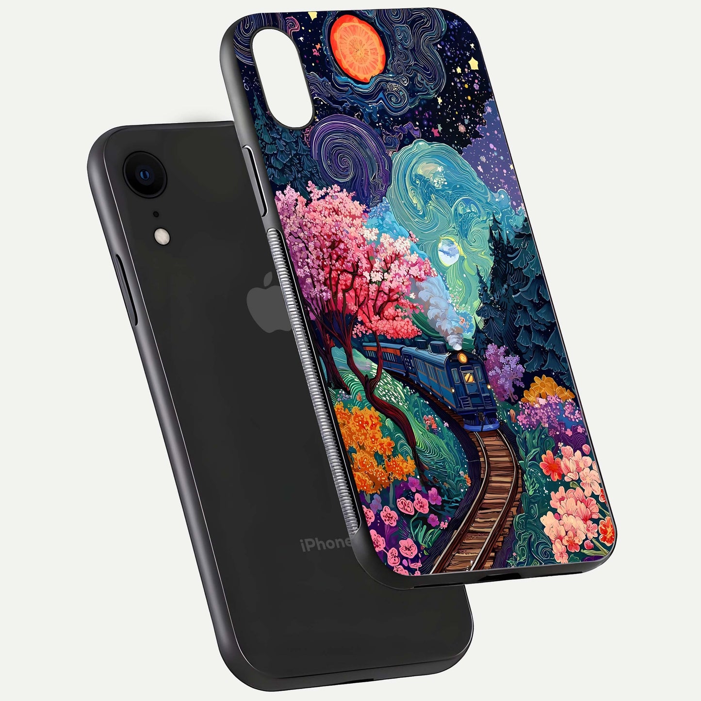 Celestial Train Journey Glass Case for iPhone Xr floating mockup capturing gloss reflection and deep night hues