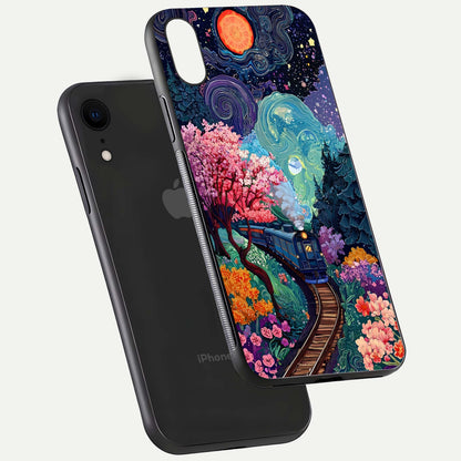 Celestial Train Journey Glass Case for iPhone Xr floating mockup capturing gloss reflection and deep night hues