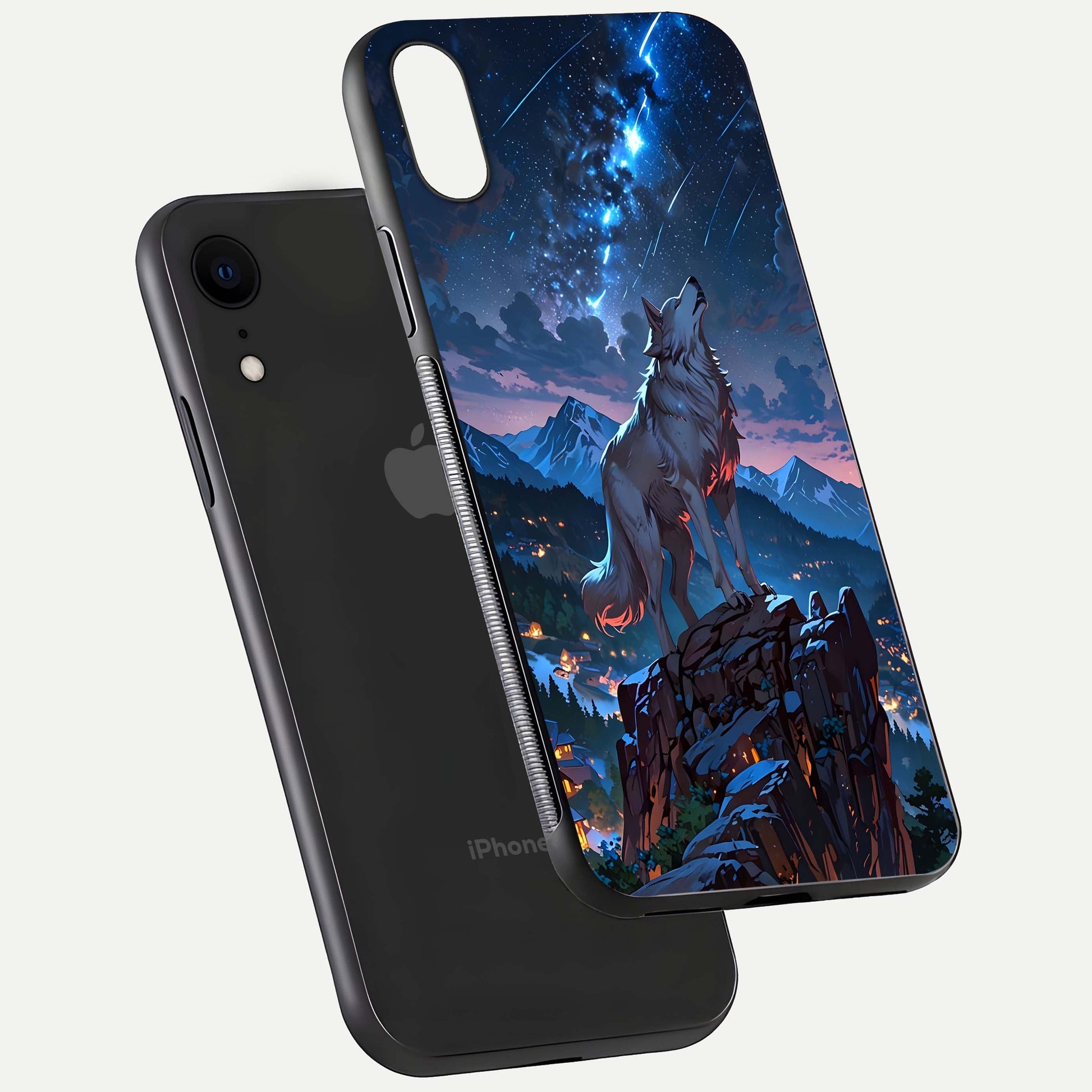 Celestial Wolf Howl Glass Case for iPhone Xr floating mockup capturing reflection depth and silver gloss