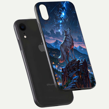 Celestial Wolf Howl Glass Case for iPhone Xr floating mockup capturing reflection depth and silver gloss
