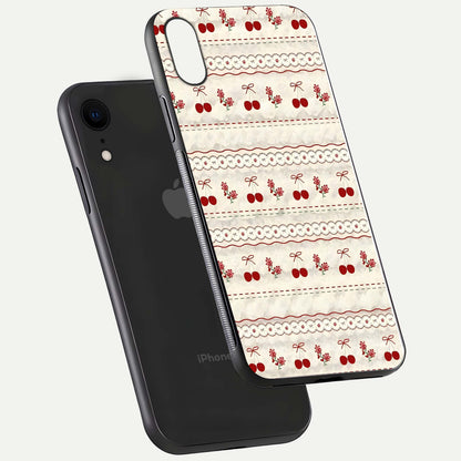Cherry Bloom Charm Glass Case for iPhone Xr floating mockup showing bloom texture and polished gloss