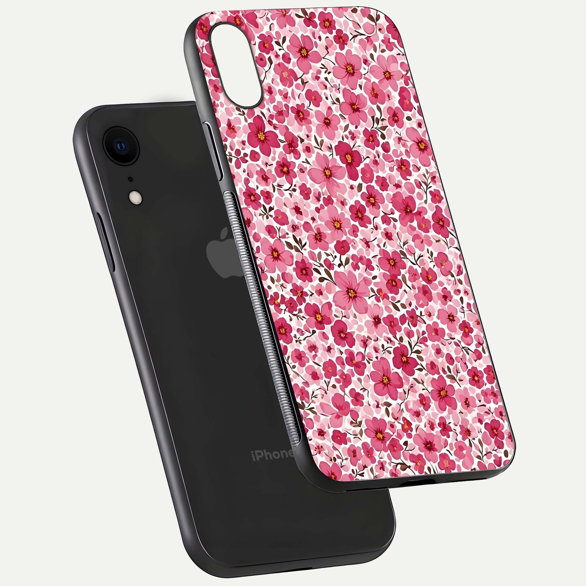 Cherry Blossom Charm Glass Case for iPhone Xr floating mockup displaying pink tone flow and polished edges