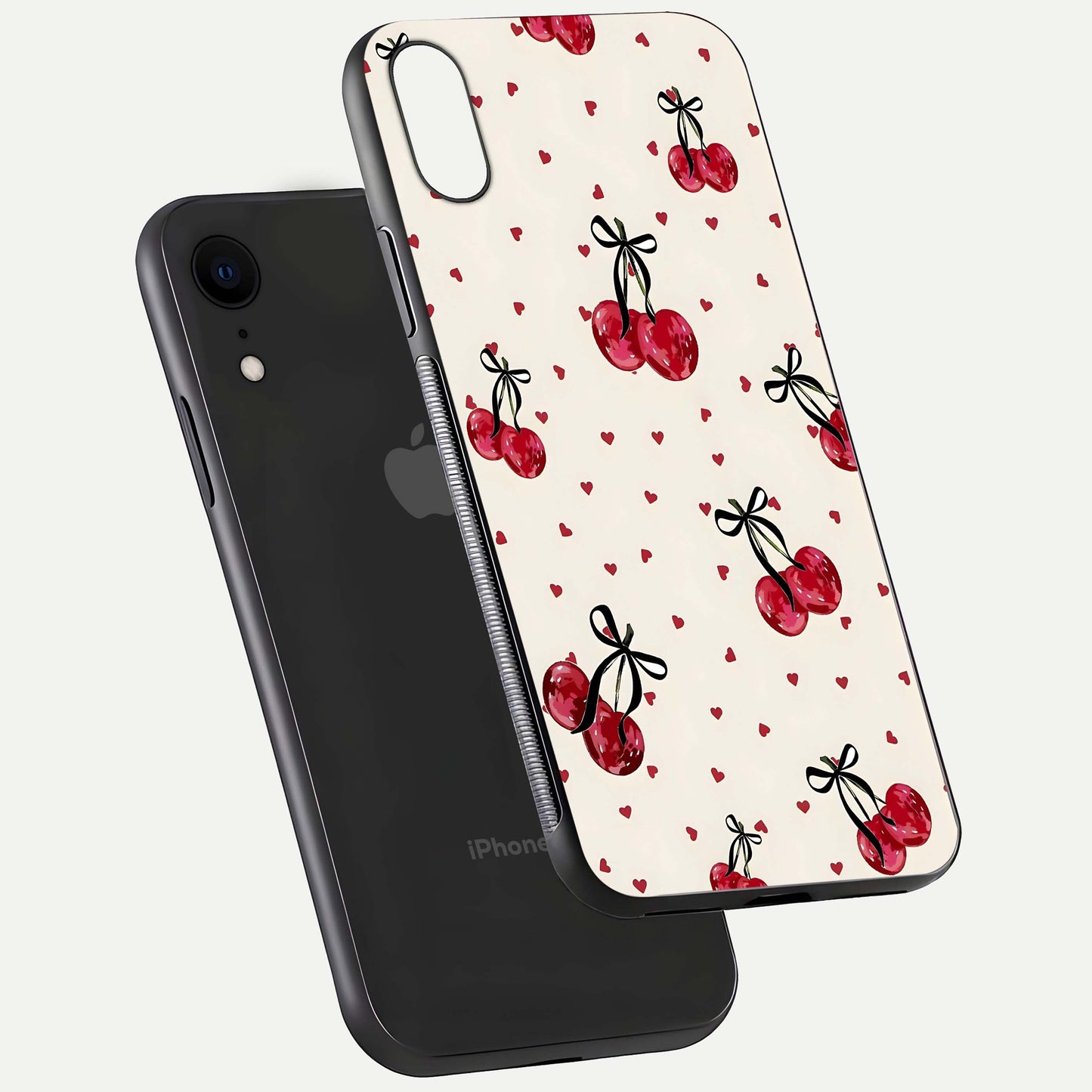 Cherry Heart Bow Glass Case for iPhone Xr floating mockup showing reflection and HD print detail