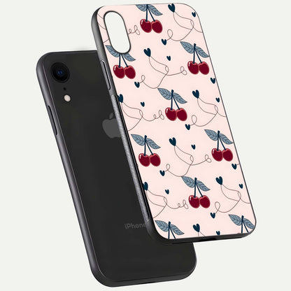 Cherry Heart Line Glass Case for iPhone Xr floating mockup showing gloss polish and bright tones