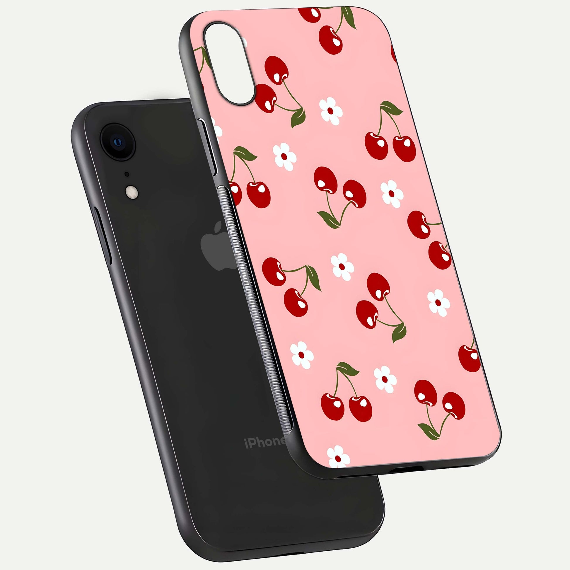 Cherry Love Mood Glass Case for iPhone Xr floating mockup showing HD gloss reflection and red tones