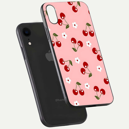 Cherry Love Mood Glass Case for iPhone Xr floating mockup showing HD gloss reflection and red tones