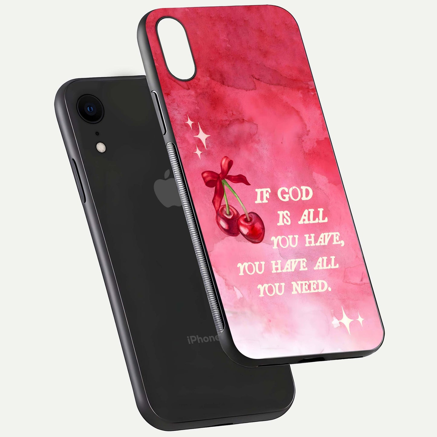 Cherry Quote Glass Case for iPhone Xr floating mockup capturing shine texture and clear typography