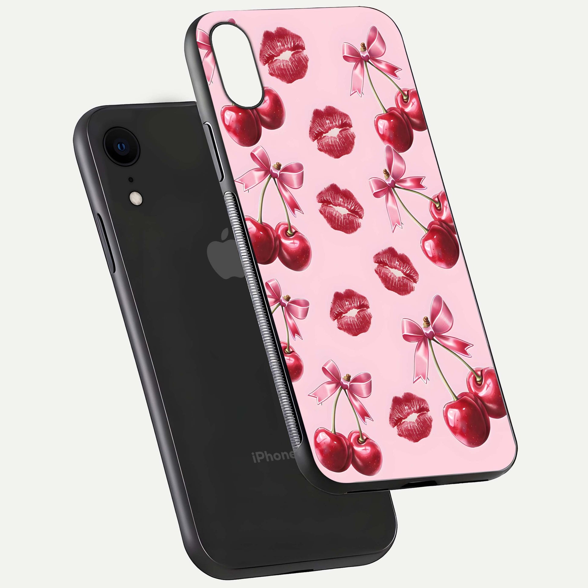 Cherry With Lips Glass Case for iPhone Xr floating mockup showing HD gloss and pop-art inspired tones