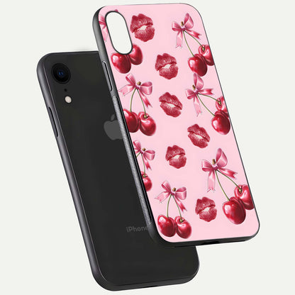 Cherry With Lips Glass Case for iPhone Xr floating mockup showing HD gloss and pop-art inspired tones