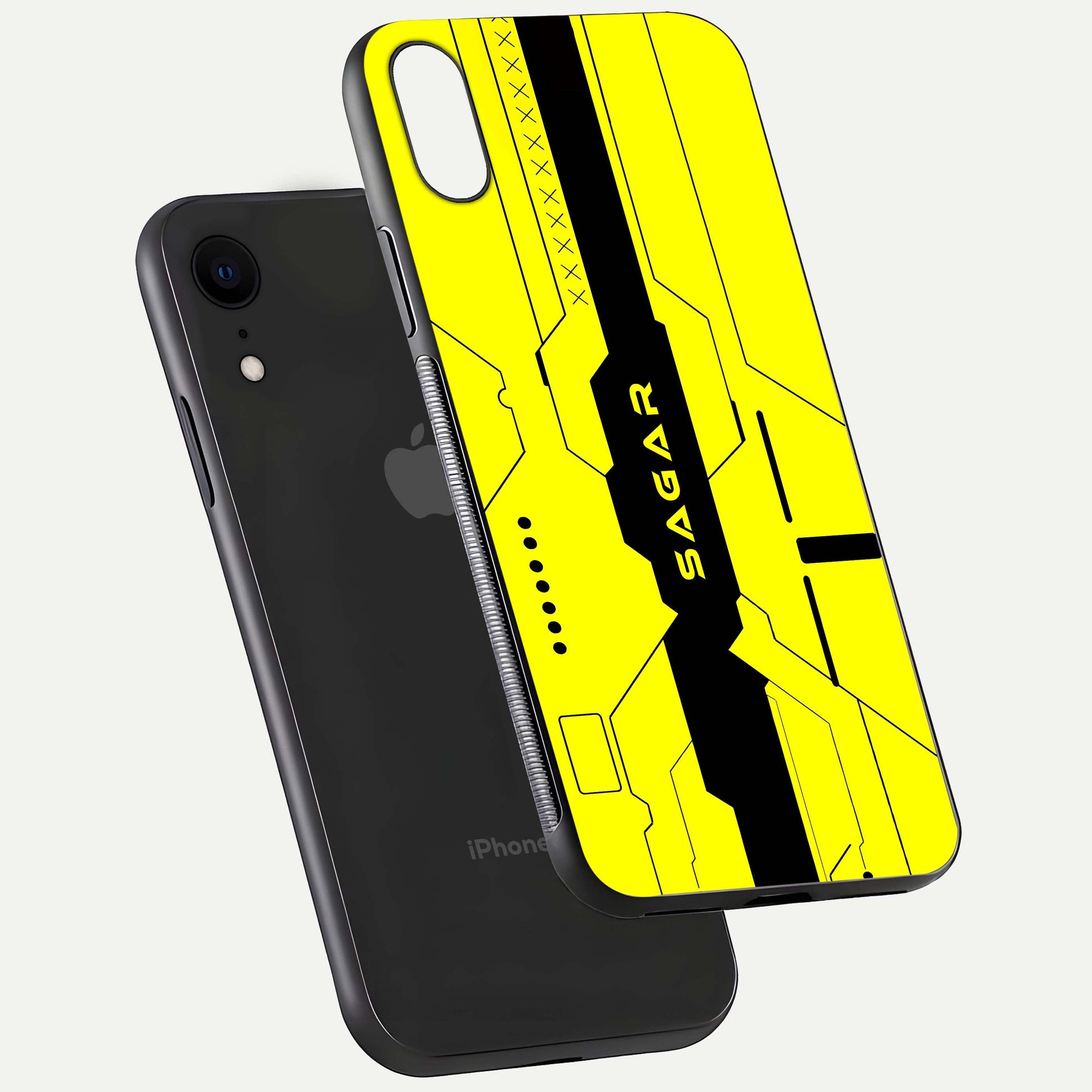 Circuit CYBERPUNK Custom Name Glass Case for iPhone Xr floating mockup capturing glow effects and polished shine