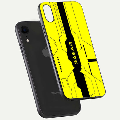 Circuit CYBERPUNK Custom Name Glass Case for iPhone Xr floating mockup capturing glow effects and polished shine