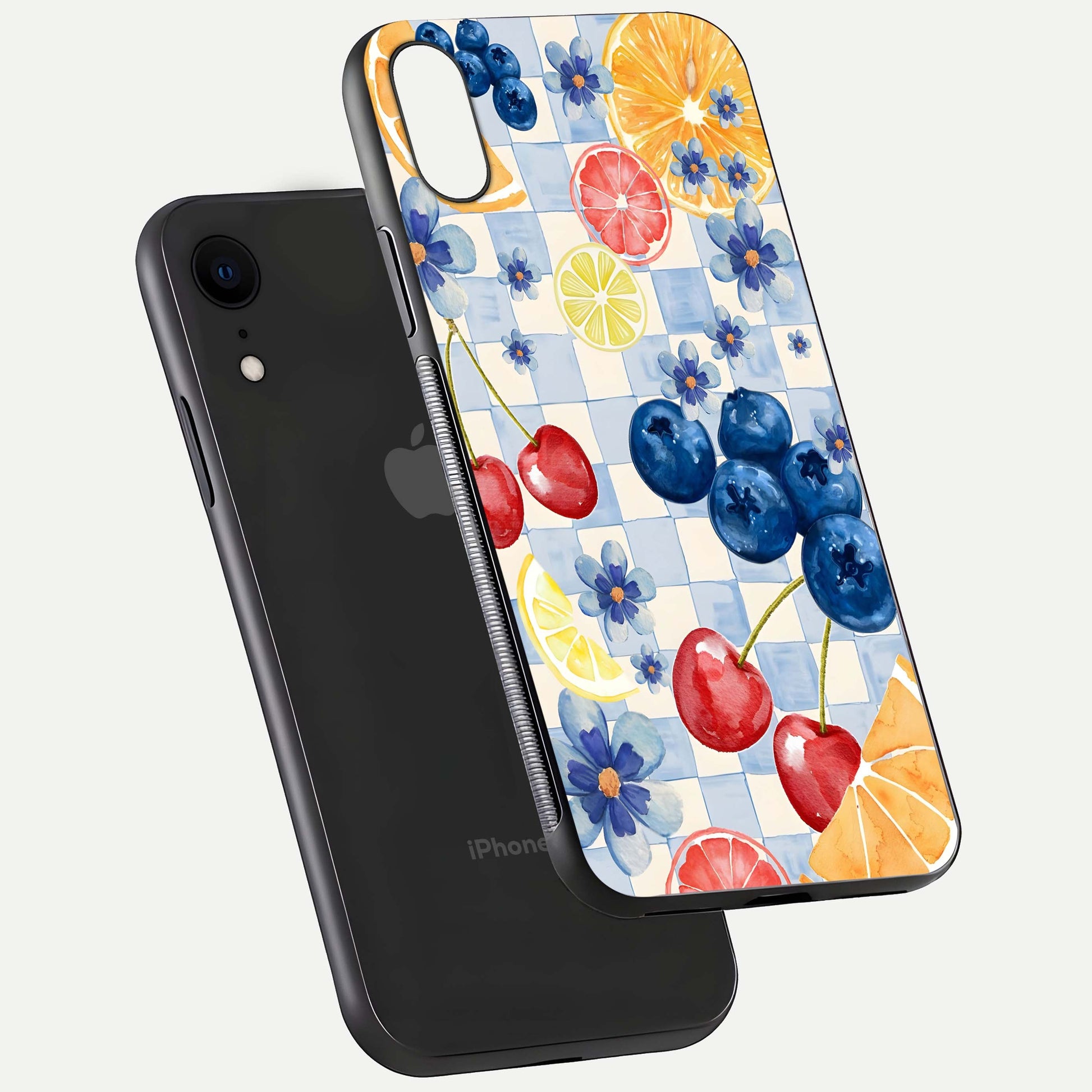 Citrus Bloom Joy Glass Case for iPhone Xr floating mockup showing HD gloss and lively tone