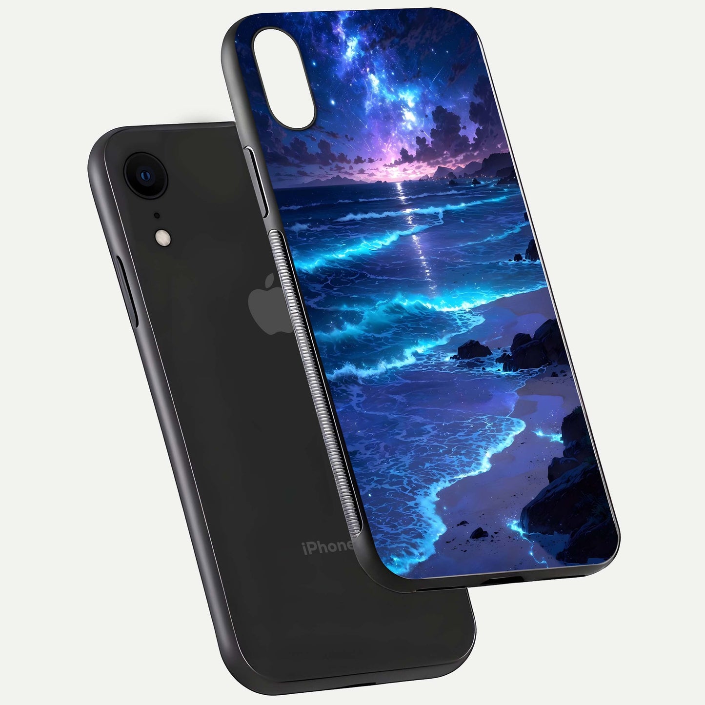 Classic Damn Look Glass Case for iPhone Xr floating mockup emphasizing HD gloss and stylish edges