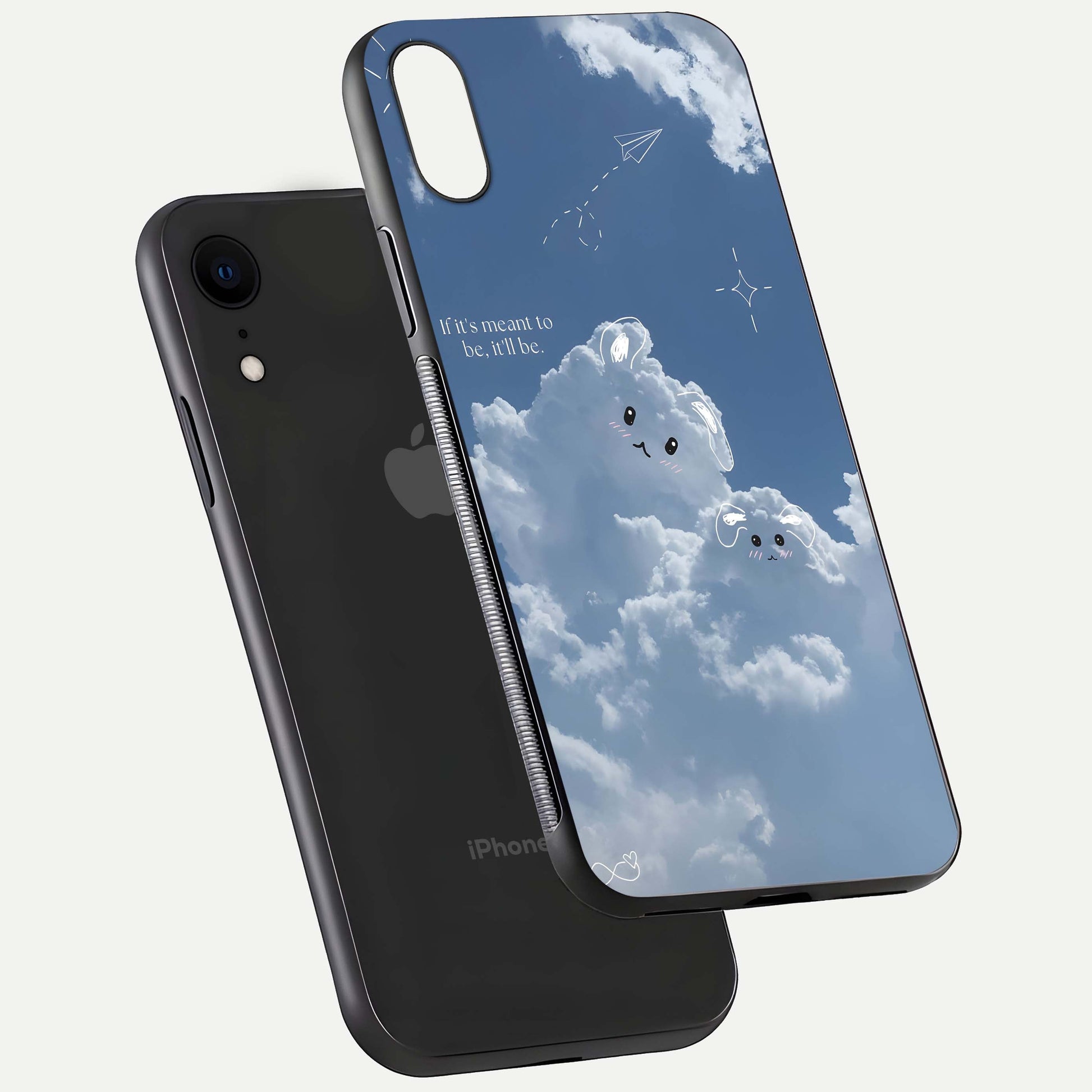 Cloud Bunny Dreams Glass Case for iPhone Xr floating mockup showing soft gradient and gloss reflection