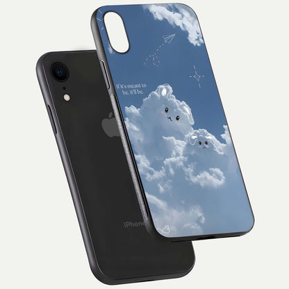 Cloud Bunny Dreams Glass Case for iPhone Xr floating mockup showing soft gradient and gloss reflection