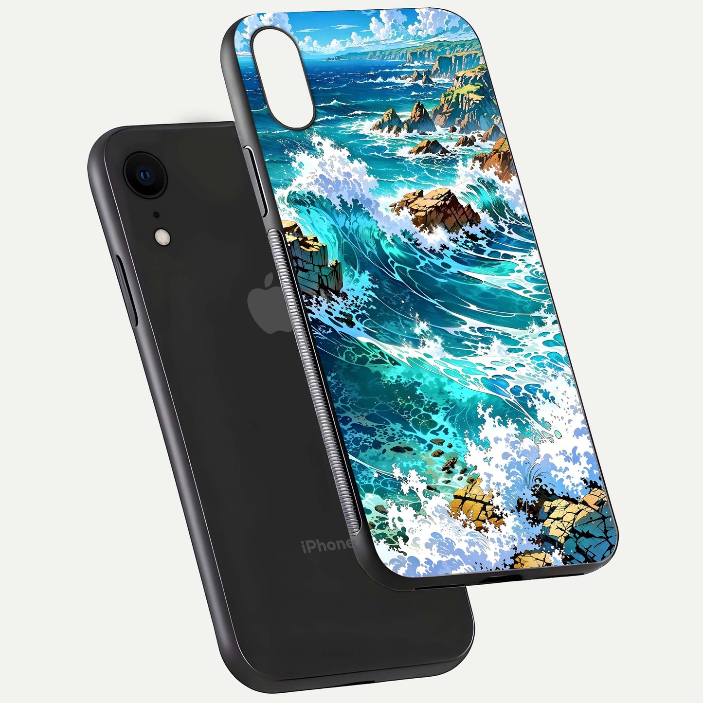 Coastal Blue Waves Glass Case for iPhone Xr floating mockup showing HD reflection and wave details