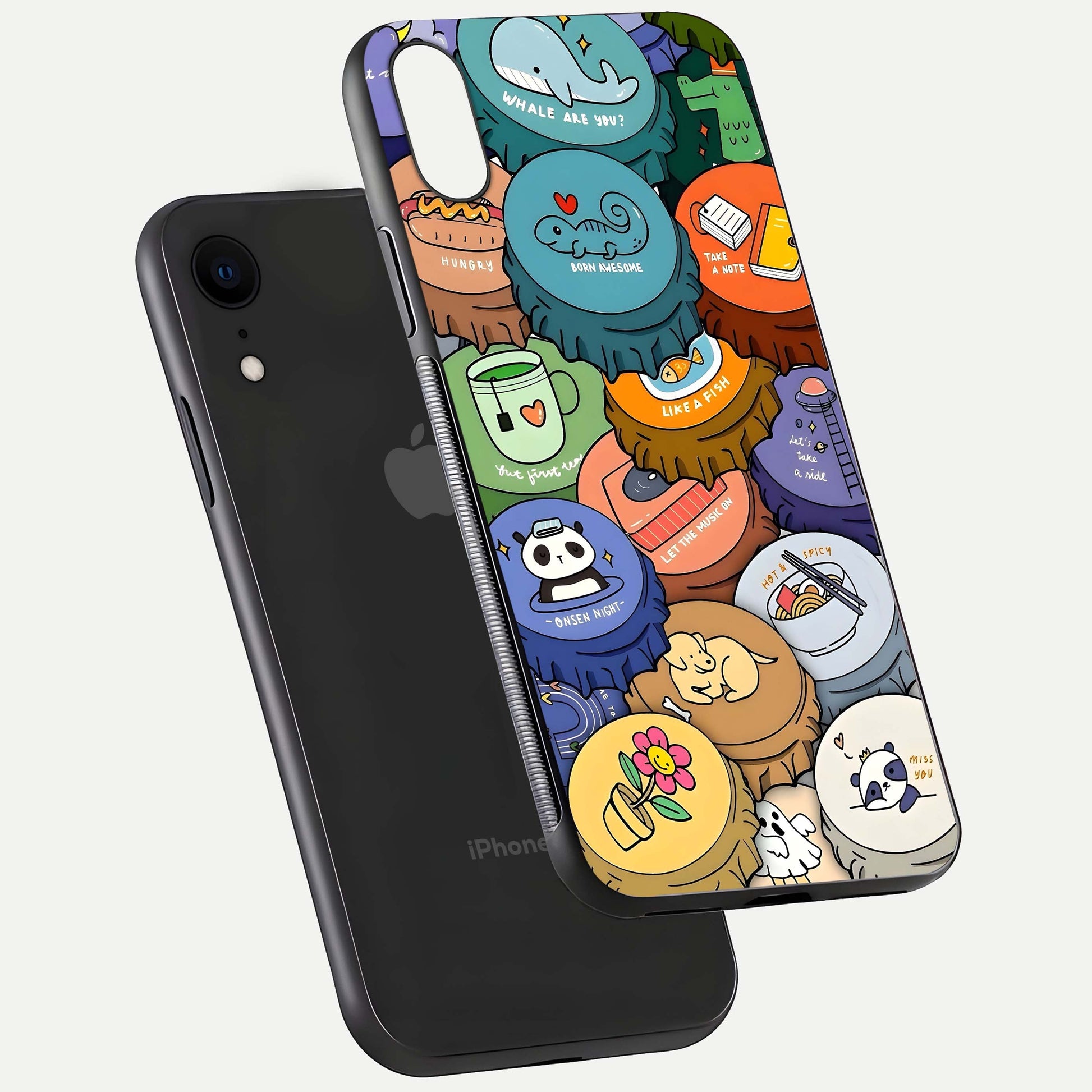 Coins Patterns Glass Case for iPhone Xr floating mockup showing reflection depth and smooth tone