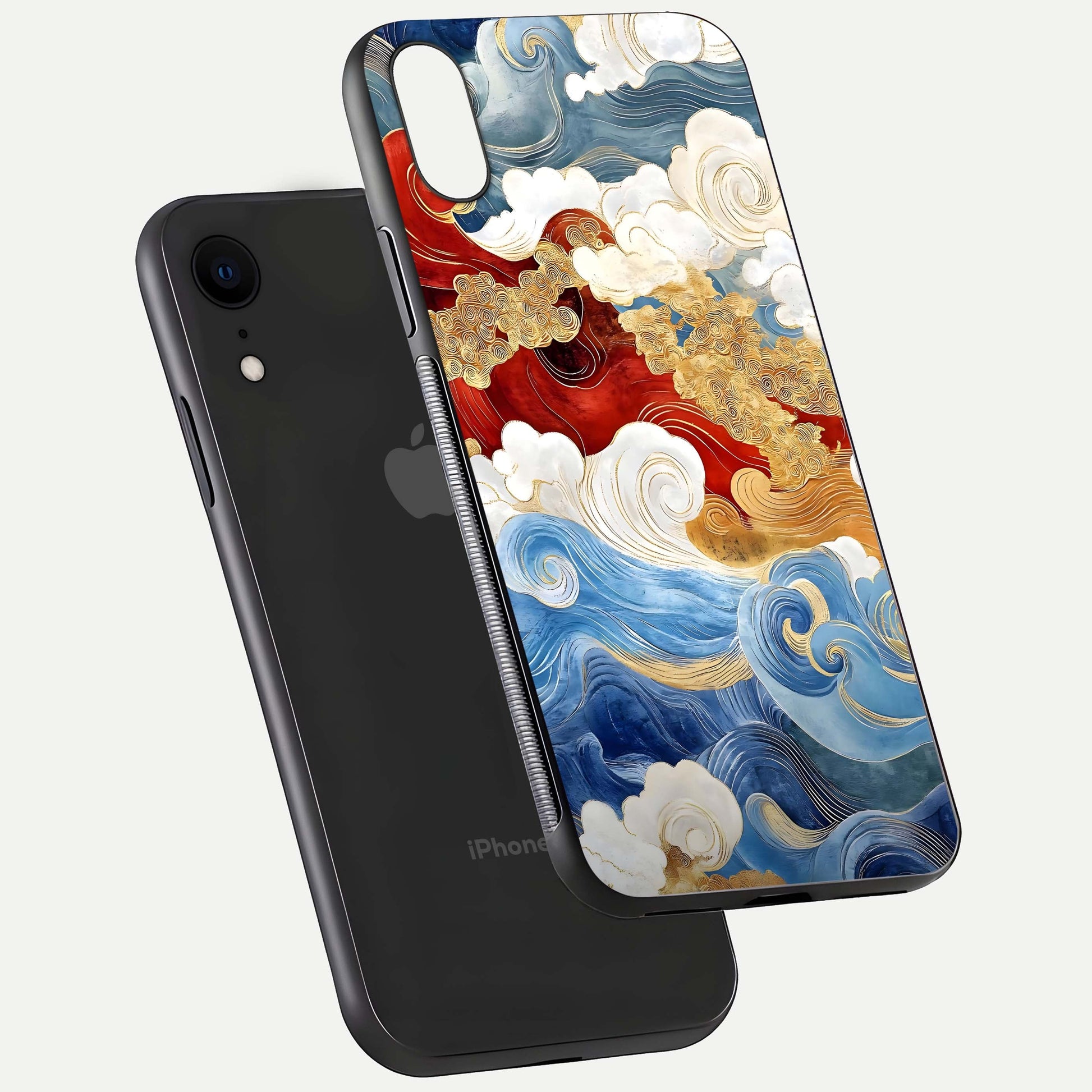 Colored Waves Glass Case for iPhone Xr floating dual-view mockup displaying gloss finish and color contrast