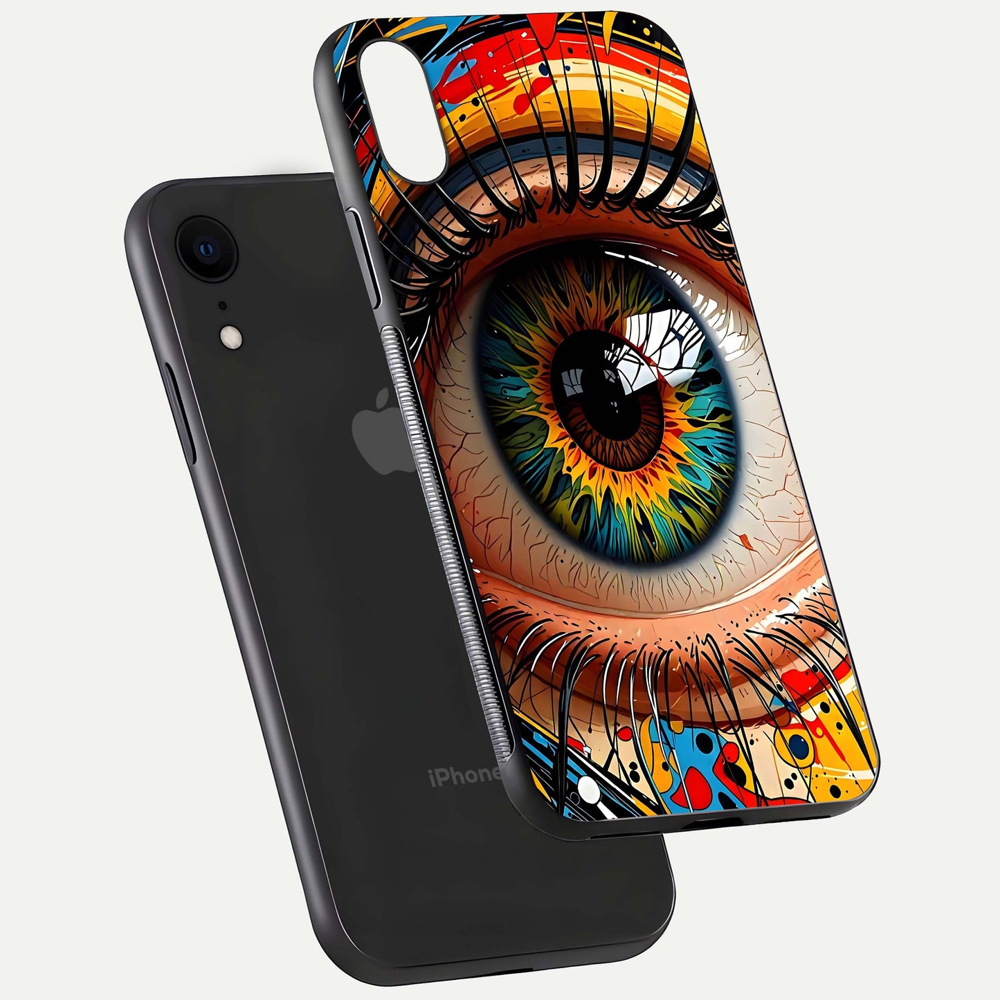 Colorful Eye Glass Case for iPhone Xr floating mockup showing bright contrast and gloss clarity