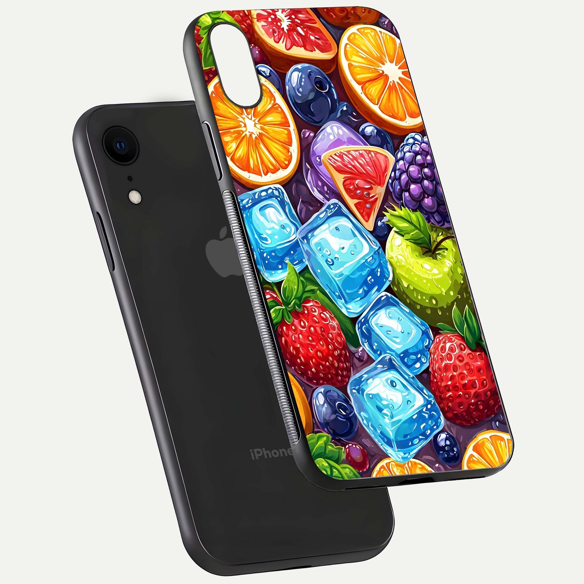 Colorful Fruits with Ice Glass Case for iPhone Xr floating mockup showing bright shine and crystal clarity