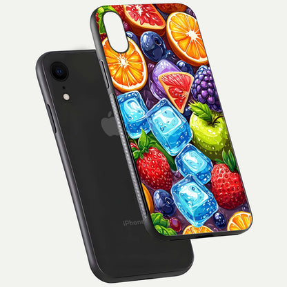 Colorful Fruits with Ice Glass Case for iPhone Xr floating mockup showing bright shine and crystal clarity