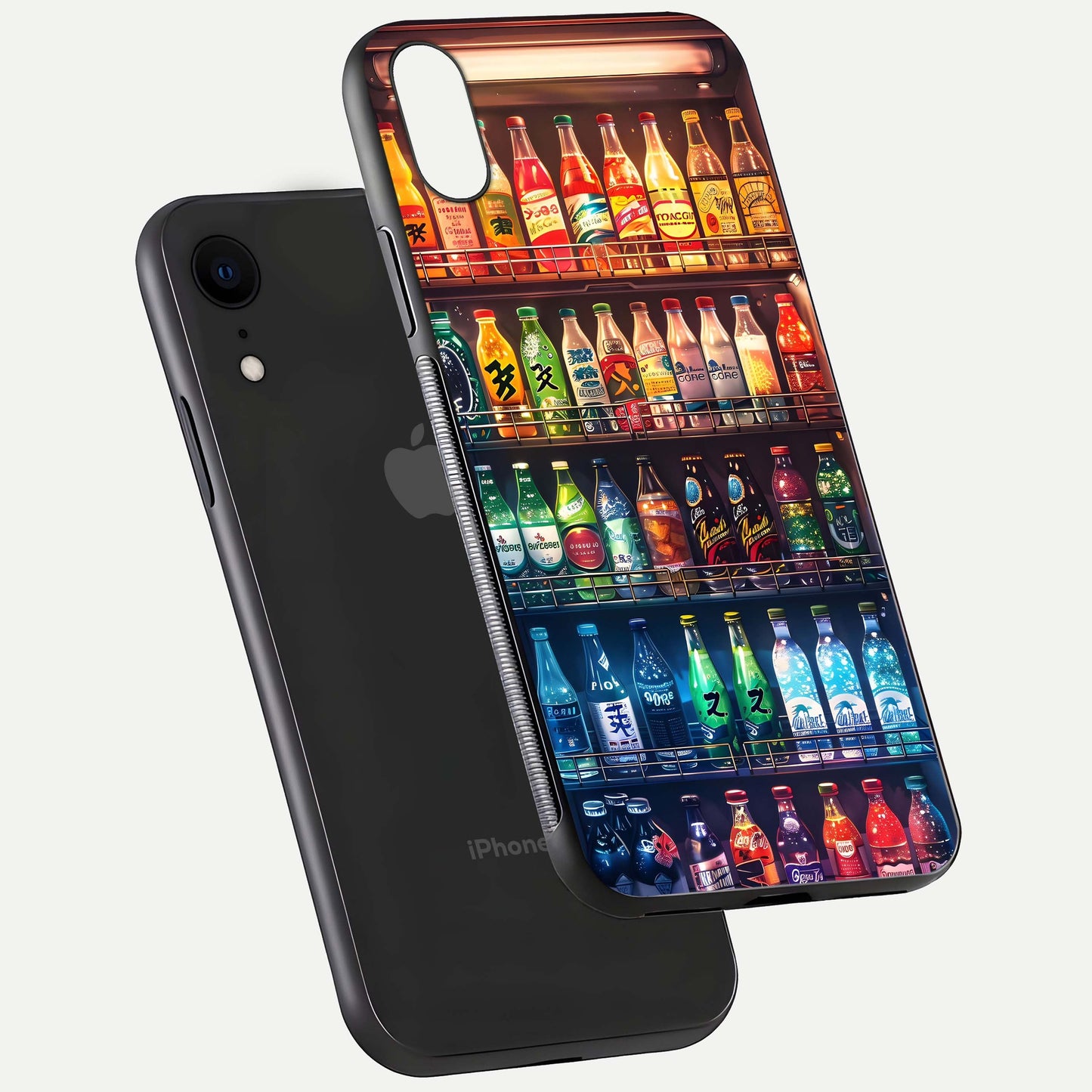 Colorful Soda Bottles Glass Case for iPhone Xr floating mockup showing light reflection and bright gloss