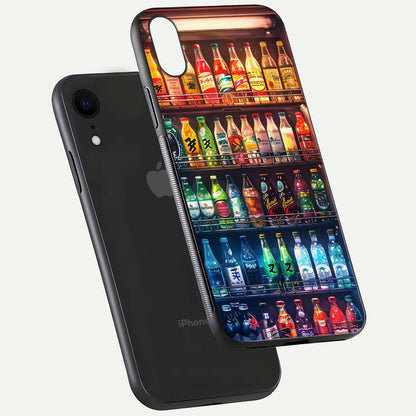 Colorful Soda Bottles Glass Case for iPhone Xr floating mockup showing light reflection and bright gloss