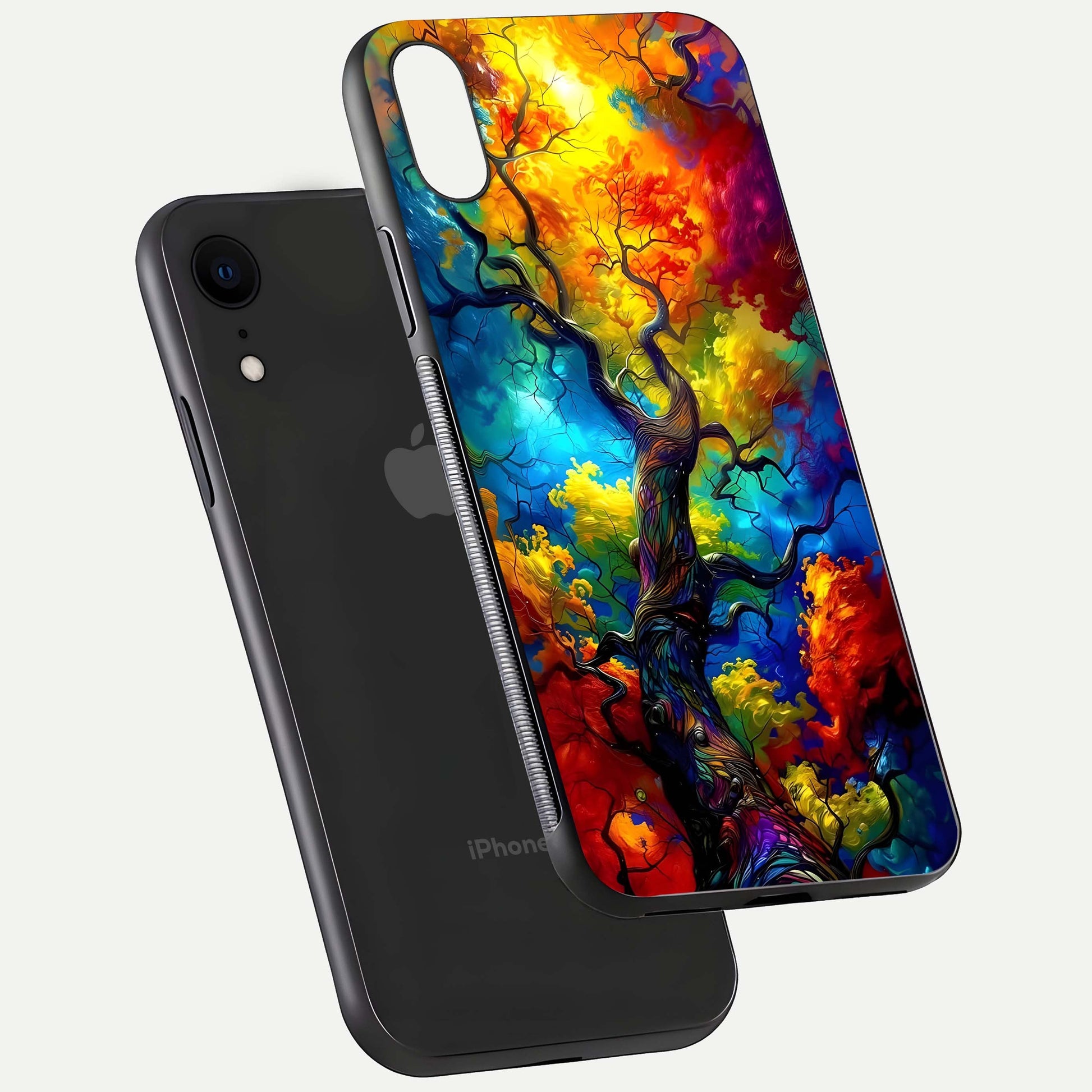 Colorful Tree Glass Case for iPhone Xr floating mockup showing reflection gloss and vivid hues