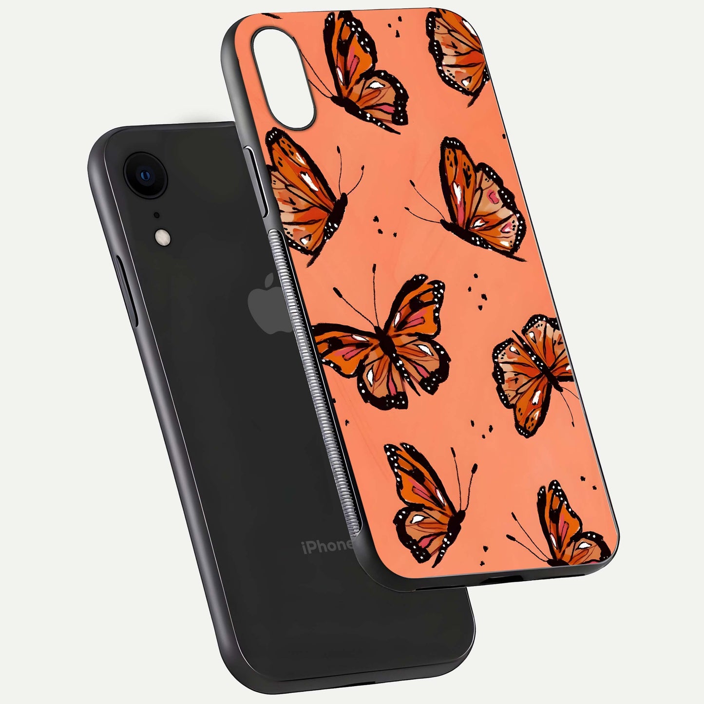 Coral Wing Butterfly Glass Case for iPhone Xr floating mockup showing HD gloss texture and vivid coral color