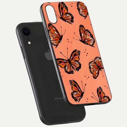 Coral Wing Butterfly Glass Case for iPhone Xr floating mockup showing HD gloss texture and vivid coral color