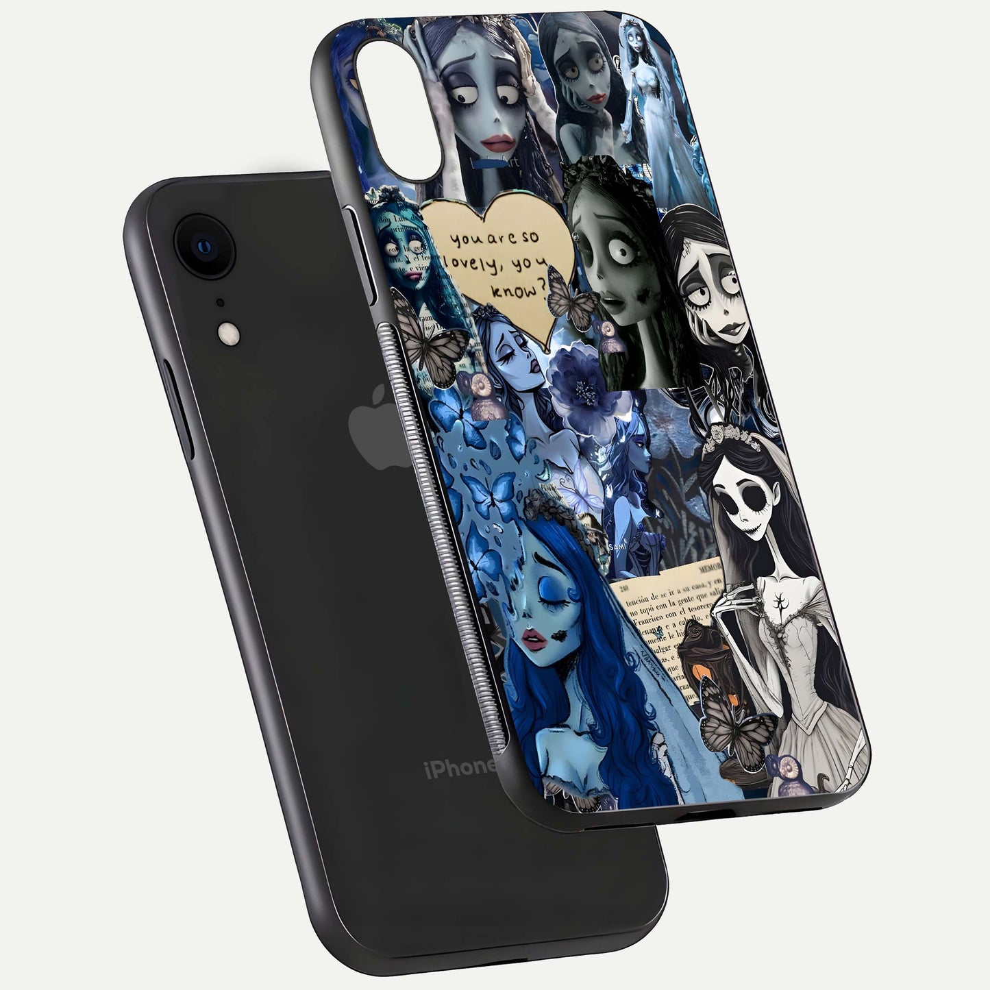 Corpse Bride Posters Glass Case for iPhone Xr floating mockup showing shine texture and clear design