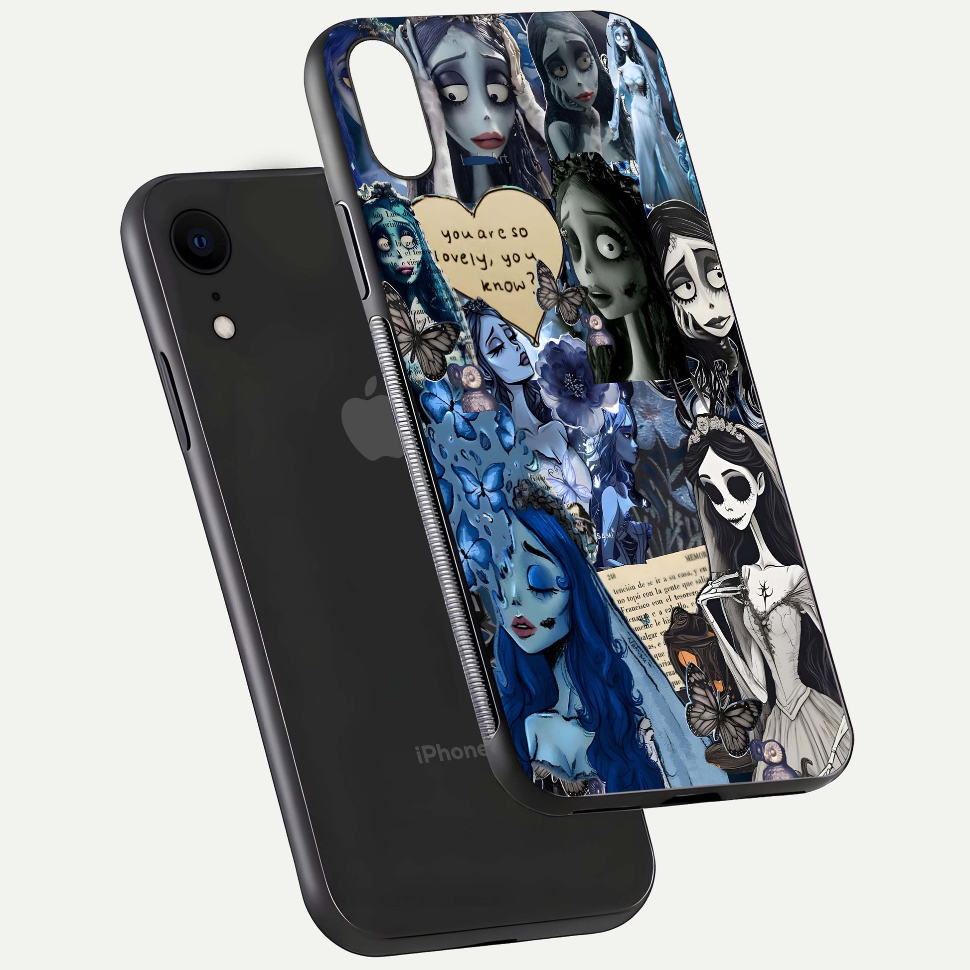 Corpse Bride Posters Glass Case for iPhone Xr floating mockup showing shine texture and clear design