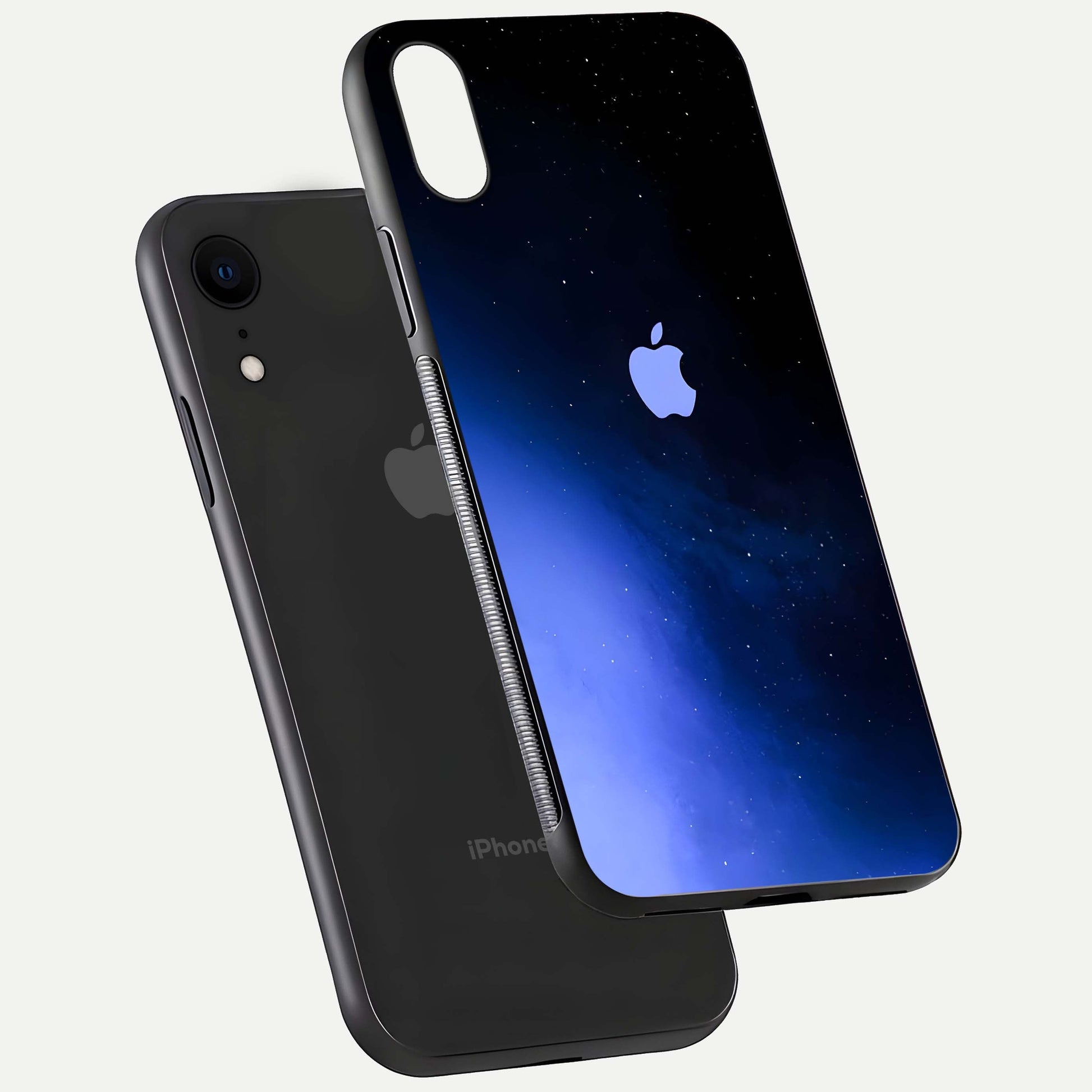 Cosmic Blue Apple Glass Case for iPhone Xr floating mockup showing HD gloss and deep space gradient