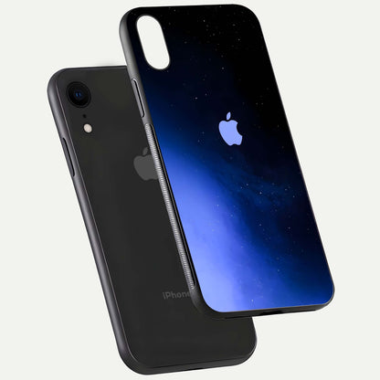 Cosmic Blue Apple Glass Case for iPhone Xr floating mockup showing HD gloss and deep space gradient