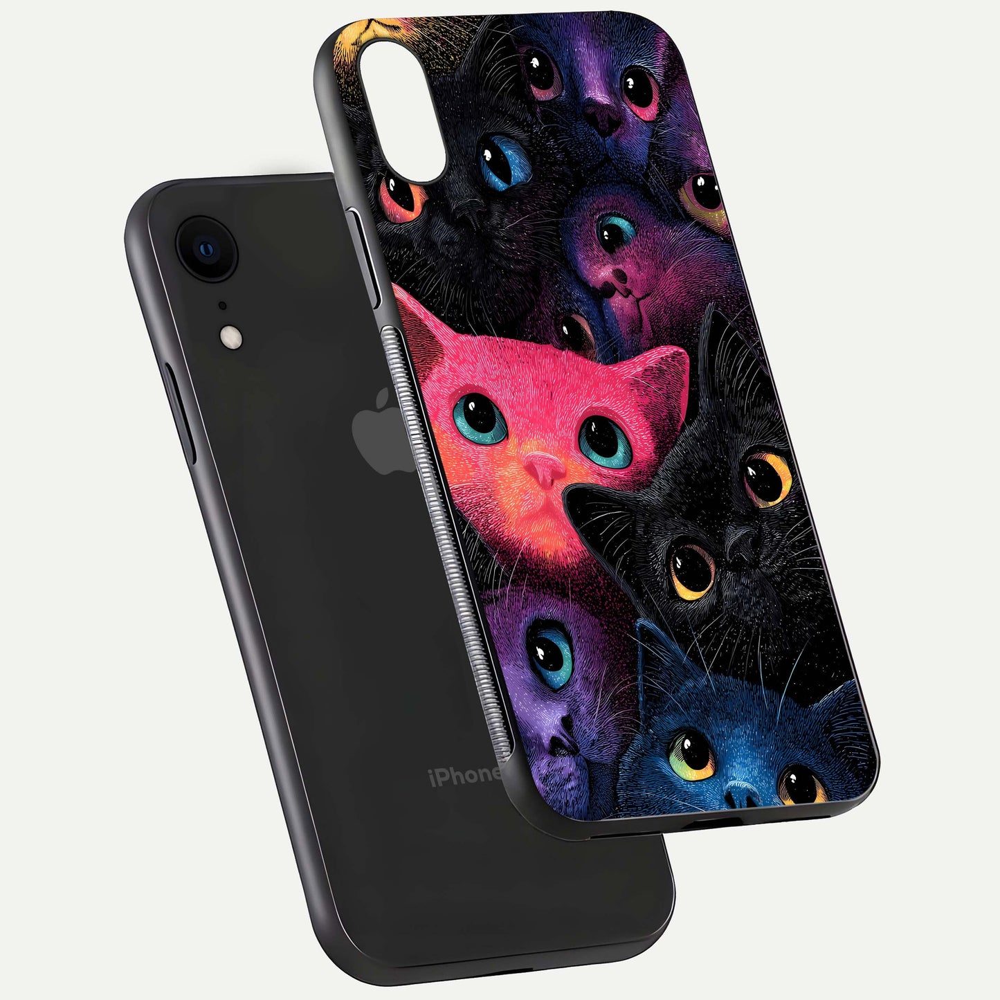Cosmic Cats Dreams Glass Case for iPhone Xr floating mockup showing star details and polish reflection