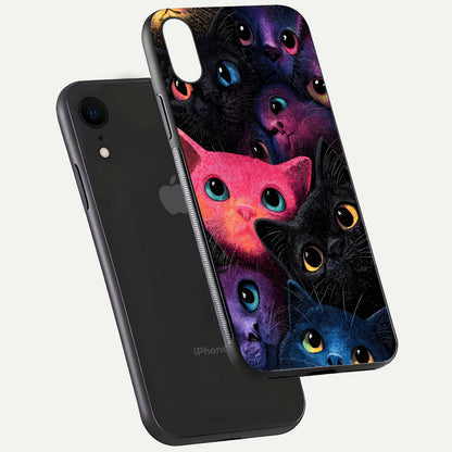 Cosmic Cats Dreams Glass Case for iPhone Xr floating mockup showing star details and polish reflection